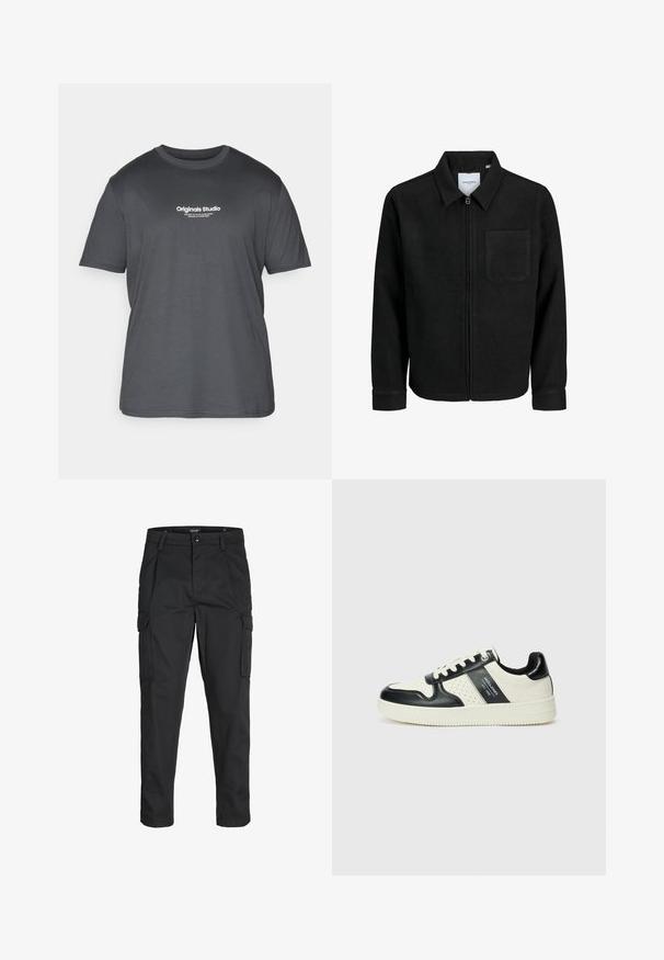Zwarte zip-up jas met kraag en enkele borstzak, weergegeven op een witte achtergrond.; Jack & Jones JORVESTERBRO TEE CREW NECK - T-shirt print - forest river; Zwarte cargobroek van stevig stof, met meerdere zakken, een knoopsluiting en een slim fit ontwerp met taps toelopende benen.; Leren sneakers met een zwart en crèmekleurig kleurenschema, voorzien van geperforeerde accenten, een gevoerde kraag en een gestructureerde buitenzool.