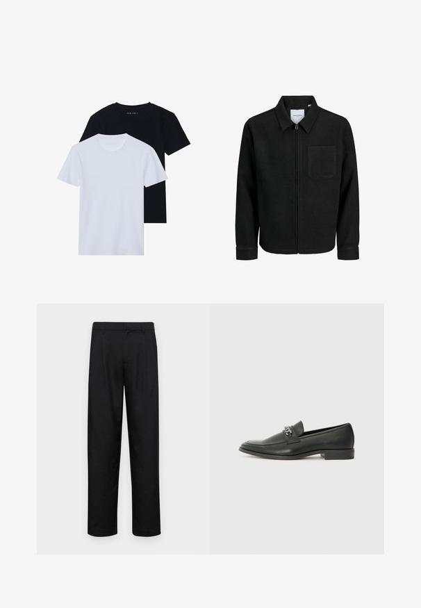 Melna jaka ar rāvējslēdzēju un apkakli, vienu krūšu kabatu, parādīta uz baltas fona.; Divi īsā piedurkņu t-krekli ar apaļu kaklu, viens melns un otrs balts, izgatavoti no mīksta kokvilnas materiāla ar ribotu tekstūru. Klasiskas piegriezuma dizains.; Melnas bikses, izgatavotas no gludas auduma, ar taisnu kāju dizainu, divām priekšējām krokām un standarta jostu, kurai ir āķi.; Melna ādas loafer izmēra apavi ar gludu virsmu, piedāvā ar šūtu dizainu un dekoratīvu metāla ķēdes akcentu pār vampu. Plakana papēža daļa.