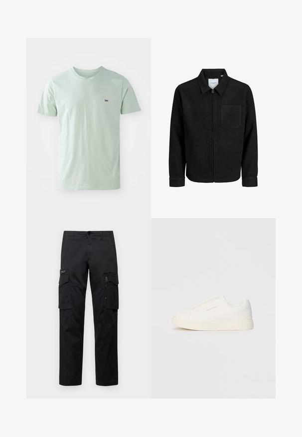 Czarna kurtka z zamkiem na całej długości, z kołnierzem i jedną kieszenią na piersi, umieszczona na białym tle.; Jasno miętowa bawełniana koszulka z krótkim rękawem, okrągłym dekoltem i małym granatowym logo "Lee" na piersi.; Czarne spodnie cargo z wieloma kieszeniami, zamykaną kieszenią na udzie, prostym krojem oraz wytrzymałym bawełnianym materiałem z delikatnym połyskiem.; Białe sneakersy wsuwane z teksturowanej powierzchni, grubą podeszwą i minimalistycznym designem. Zawierają logo marki z boku.