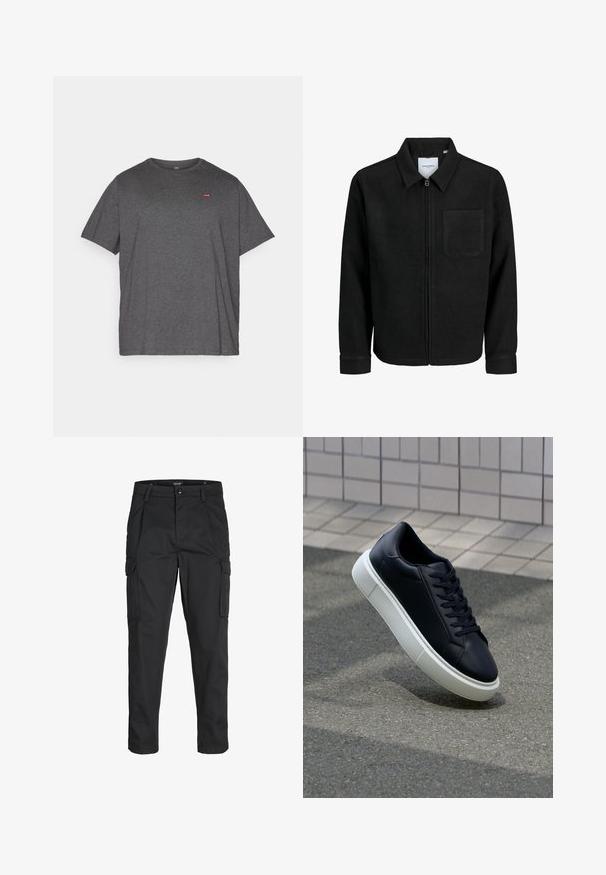 Fekete, zipzáros dzseki gallérral és egyetlen mellzsebbel, fehér háttéren.; Levi's® Plus BIG ORIGINAL TEE - Basic póló - dark charcoal heather; Fekete cargo nadrág, amely tartós anyagból készült, több zsebet tartalmaz, gombos záródással rendelkezik, és karcsú szabású, szűkített lábakkal bír.; Fekete bőr sportcipő lekerekített orral és fehér gumitalppal. Lapos fűzőkkel és minimális varrásokkal rendelkezik a felsőrészén. Mintás talp a tapadásért.