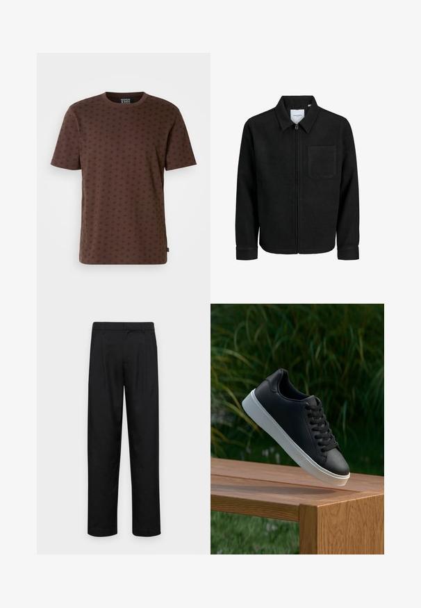 Musta vetoketjullinen takki, jossa on kaulus ja yksi rintatasku, esitelty valkoista taustaa vasten.; Ruskea lyhythihainen T-paita, joka on valmistettu puuvillasta ja jossa on tummemmasta sävystä koostuva timanttikuvio. Pyöreä kaula-aukko, suora helma ja sivussa oleva logo.; Mustat housut, jotka on valmistettu sileästä kankaasta, suoran lahkeen muotoilulla, kahdella etupleekillä ja tavanomaisella vyötäröllä, jossa on vyölenkit.; Musta nahkakengät, joissa on sileä pinta, valkoinen kumipohja ja kuusi aukkoa nauhoille, esillä puupinnalla.