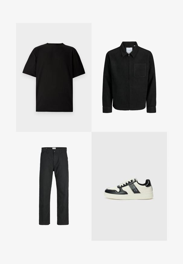 Chaqueta negra con cremallera y cuello, con un solo bolsillo en el pecho, expuesta sobre un fondo blanco.; Camiseta negra de manga corta hecha de tela acanalada. Presenta un cuello redondo y un corte relajado con una textura suave. Vista trasera únicamente.; Pantalones negros de tela duradera, con un diseño de pierna recta, detalles cosidos y dos bolsillos frontales para mayor funcionalidad.; Zapatillas de cuero con un esquema de colores negro y crema, que cuentan con acentos perforados, un collar acolchado y una suela texturizada.