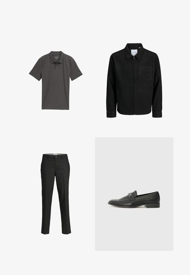 Črna jakna z zadrgo in ovratnikom ter enim žepom na prsih, prikazana na beli podlagi.; Antracitna siva polo majica iz teksturiranega materiala, z zapenjanjem na tri gumbe, kratkimi rokavi in diskretnim logotipom na prsih.; Črne hlače, krojene prilega, gladka tkanina, srednje visok pas, sprednja zaponka, diagonalne žepke in pregibna podrobnost vzdolž nog.; Črni usnjeni loafer z gladko površino, ki ima šivano zasnovo in dekorativni kovinski verižni naglas preko vampirja. Ravno peto.