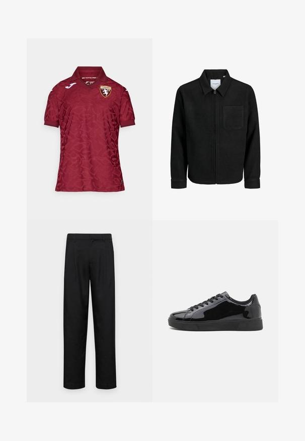 Melna jaka ar rāvējslēdzēju un apkakli, vienu krūšu kabatu, parādīta uz baltas fona.; Sarkana krekls ar smalku tekstūras rakstu, ar klasisku apkakli un Torino FC logotipu uz krūtīm. Īsas piedurknes un elpojošs audums.; Melnas bikses, izgatavotas no gludas auduma, ar taisnu kāju dizainu, divām priekšējām krokām un standarta jostu, kurai ir āķi.; Melnas patentētas ādas kedas ar apaļu purngalu, platu gumijas zoli un melnām auklām. Gluda, spīdīga tekstūra augšējā virsmā.