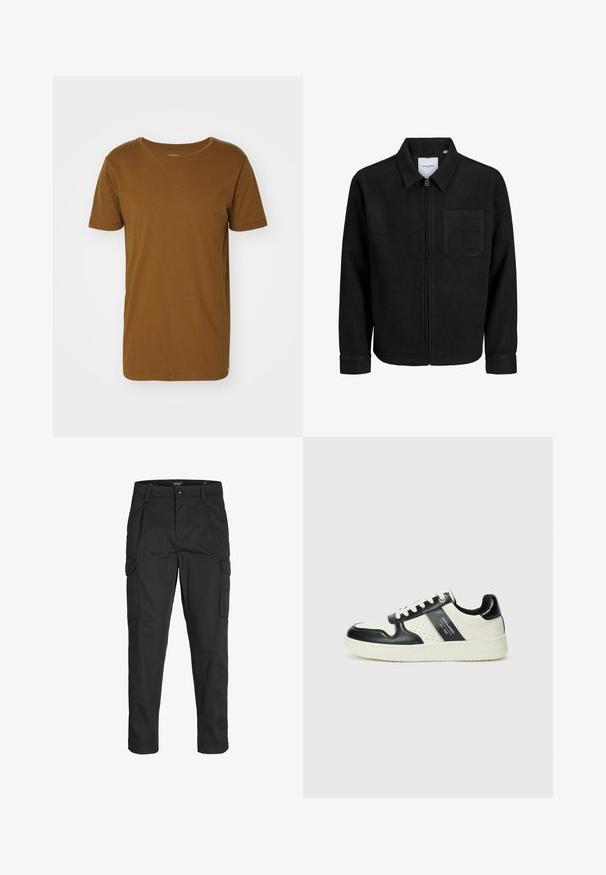 Juodas džemperis su užtrauktuku, apykakle ir vienu krūtiniu kišenėje, pristatytas baltame fone.; Lee SHAPED TEE - Paprasti marškinėliai - brown; Juodi krovinių tipo džinsai, pagaminti iš tvirto audinio, su keliais kišeniais, mygtuko uždarymu ir siauru, prigludusiu dizainu su siaurėjančiomis kojomis.; Odiniai sportbačiai juodos ir kreminės spalvų schemoje, su perforuotais akcentais, paminkštinta apykakle ir tekstūruotu padu.