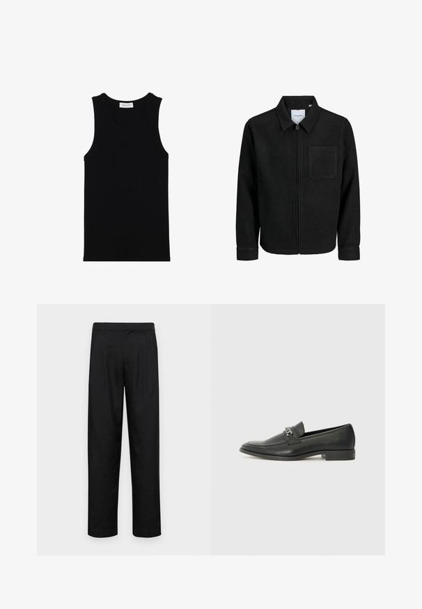 Mustaga lukuga jakker, millel on krae ja üks rinna-tasku, esitatud valgel taustal.; Must mustriba särk ilma varrukateta disainiga, ümmargune lõikejoon ja sile tekstuur. Sildil on kirjas "PIER ONE" kaela lähedal.; Mustad mustadest riietest, millel on sirge jalgade disain, kaks eesmist voltimist ja tavaline vöökoht, millel on vöökohad.; Must haveate nahkking punased, millel on sile viimistlus, tikitud muster ja dekoratiivne metallkett vampi üle. Tasane konts.