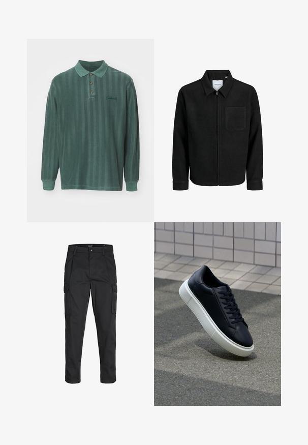 Fekete, zipzáros dzseki gallérral és egyetlen mellzsebbel, fehér háttéren.; Zöld hosszú ujjú pólóing függőleges csíkokkal, gallérral, három gombos nyakkal és hímzett logóval a mellrészen. Pamut anyag.; Fekete cargo nadrág, amely tartós anyagból készült, több zsebet tartalmaz, gombos záródással rendelkezik, és karcsú szabású, szűkített lábakkal bír.; Fekete bőr sportcipő lekerekített orral és fehér gumitalppal. Lapos fűzőkkel és minimális varrásokkal rendelkezik a felsőrészén. Mintás talp a tapadásért.