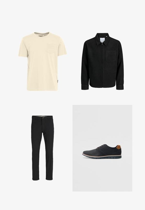 Schwarze Zip-Jacke mit Kragen und einer einzelnen Brusttasche, auf weißem Hintergrund präsentiert.; Helles beiges T-Shirt mit kurzen Ärmeln aus Baumwolle, mit Rundhalsausschnitt und einer kleinen Tasche auf der linken Brust. Strukturiertes Kragen-Detail.; Schwarze Baumwollmischungshose mit schmalem Schnitt, gekennzeichnet durch einen Knopfverschluss, Taschen und umgeschlagenen Säumen für einen lässigen Abschluss.; Schwarze synthetische Schuhe mit einer strukturierten Oberseite, glatten Akzenten, braunem Absatz und einer kontrastierenden Sohle. Verfügt über minimale Schnürung und Nähdetails.