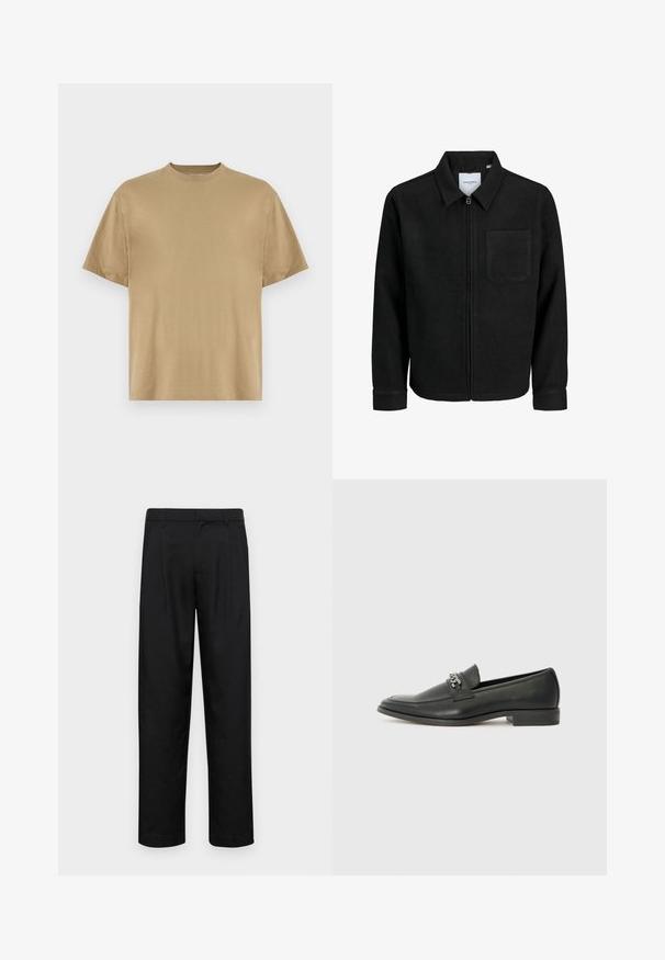 Fekete, zipzáros dzseki gallérral és egyetlen mellzsebbel, fehér háttéren.; Khaki színű, rövid ujjú póló, puha anyagból készült, kerek nyakkivágással és lazább fazonnal. Minták vagy grafikák nem láthatók.; Fekete nadrág sima anyagból, egyenes szárú fazonnal, két elülső redővel és közönséges derékkal, övhurkokkal.; Fekete bőr loaferek sima felülettel, varrott mintával és díszítő fém lánccal a cipő elején. Lapos sarok.