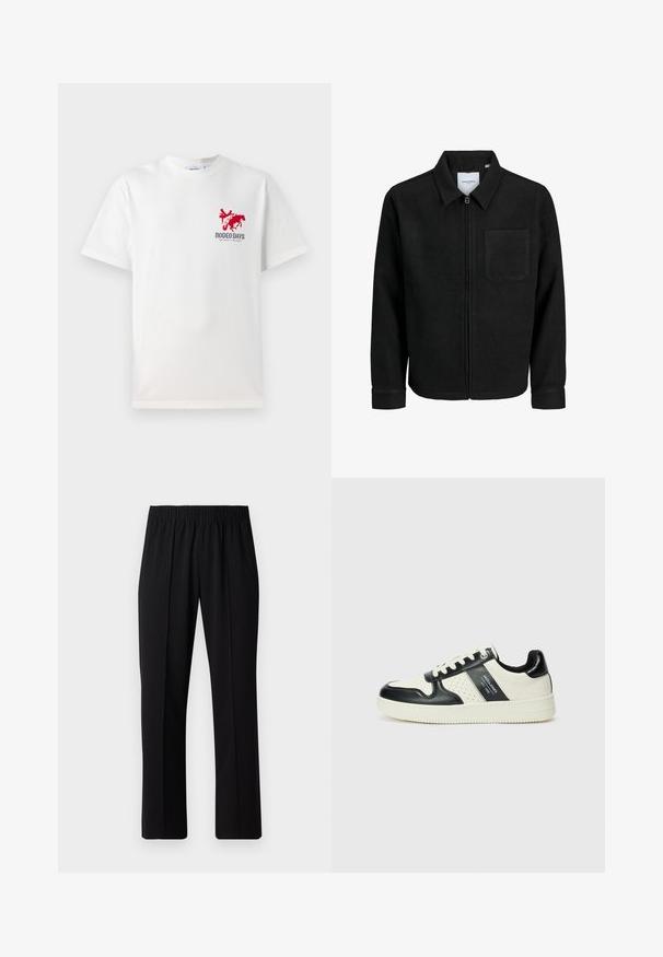 Schwarze Zip-Jacke mit Kragen und einer einzelnen Brusttasche, auf weißem Hintergrund präsentiert.; Weißes Baumwoll-T-Shirt mit einem roten Cowboy- und Pferde-Graphic auf der linken Brust und dem Text "RODEO DAYS" unterhalb des Designs.; Schwarze, Gummibund-Hosen mit geradem Schnitt, die eine glatte Textur aufweisen und keine sichtbaren Muster oder Beschläge haben.; Leder-Sneaker in Schwarz- und Cremetönen, mit perforierten Akzenten, einem gepolsterten Kragen und einer strukturierten Laufsohle.