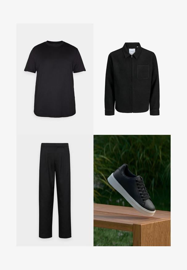 Črna jakna z zadrgo in ovratnikom ter enim žepom na prsih, prikazana na beli podlagi.; Črna majica s kratkimi rokavi, izdelana iz mehkega bombaža, z okroglim izrezom in sproščenim krojem, brez vidnih vzorcev ali okrasnih elementov.; Črne hlače iz gladkega materiala, s krojem ravne noge, dvema sprednjima pregiboma in standardnim pasom z zankami za pas.; Črne usnjene teniske z gladko teksturo, bela gumijasta podloga in šest lukenj za vezalke, prikazane na leseni površini.