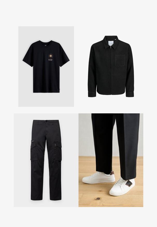 Juodas džemperis su užtrauktuku, apykakle ir vienu krūtiniu kišenėje, pristatytas baltame fone.; Juoda medvilninė marškinėliai su mažą auksinę saulės grafiką ir baltu Levi's logotipu. Klasikinis apvalus iškirpimas ir trumpomis rankovėmis. Paprastas dizainas.; Juodos krovinių kelnės, turinčios kelis kišenes, užtrauktuku uždaromą kišenę ant šlaunies, tiesaus kirpimo ir tvirtos medvilnės audinys su nežymiu blizgesiu.; Balti sportbačiai su glotnia danga, puošti rudais odiniais akcentais ir juodais detalėmis, derinami su juodais pritaikytais kelnėmis. Medinių grindų fonas.