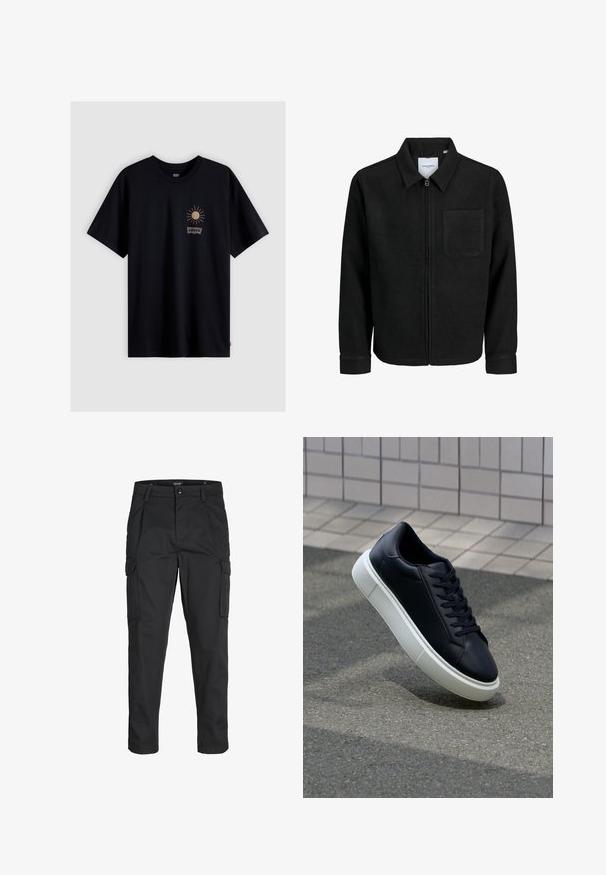 Mustaga lukuga jakker, millel on krae ja üks rinna-tasku, esitatud valgel taustal.; Must musta T-särk, millel on väike kuldne päikese graafika ja valge Levi'si logo. Klassikaline ümar kaelus ja lühikesed varrukad. Lihtne disain.; Mustad mustapõlvik, mis on valmistatud tugeva koe kasutades, sisaldab mitmeid taskuid, nupule kinnitatav sulgemine ja kitsenev disain.; Mustast nahast tennisetoss, millel on ümar nina ja valge kummist tall. Omab siredaid paelu ja minimaalset õmblemist ülemises osas. Tekstuuriga tald, mis tagab haakuvuse.