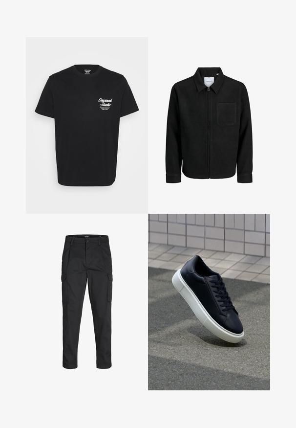 Svart zip-jacka med krage och en enda bröstficka, visad på vit bakgrund.; Svart bomulls T-shirt med rund halsringning, korta ärmar och vit tryckt text på vänster bröstområde. Enkel design utan ytterligare mönster.; Svarta cargobyxor tillverkade av hållbart tyg, med flera fickor, knappstängning och en smal passform med avsmalnande ben.; Svart lädersneaker med rundad tå och vit gummisula. Har platta snören och minimal sömnad på ovansidan. Texturerad sula för grepp.