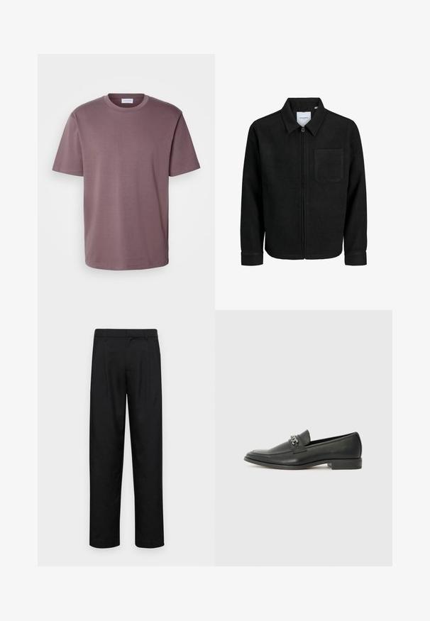 Melna jaka ar rāvējslēdzēju un apkakli, vienu krūšu kabatu, parādīta uz baltas fona.; Īsām piedurkņu, apaļā kakla T-krekls blāvā rozā krāsā, izgatavots no mīksta kokvilnas auduma, ar brīvu siluetu un minimālistisku dizainu.; Melnas bikses, izgatavotas no gludas auduma, ar taisnu kāju dizainu, divām priekšējām krokām un standarta jostu, kurai ir āķi.; Melna ādas loafer izmēra apavi ar gludu virsmu, piedāvā ar šūtu dizainu un dekoratīvu metāla ķēdes akcentu pār vampu. Plakana papēža daļa.