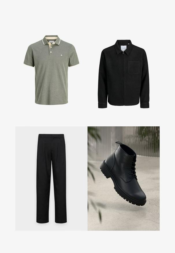 Sort lynlåsjakke med krave og en enkelt brystlomme, vist på hvid baggrund.; Grøn polo skjorte med en struktureret overflade, der har en krave med cremefarvet kant, to knaplukninger og et lille logo på brystet.; Sorte bukser lavet af glat stof, med et lige ben-design, to frontfolder og en standard talje med bæltestropper.; Sorte læder ankelstøvler med rund tå, snørebåndsdesign og robust gummisål. Glat tekstur med en løkke bagpå.