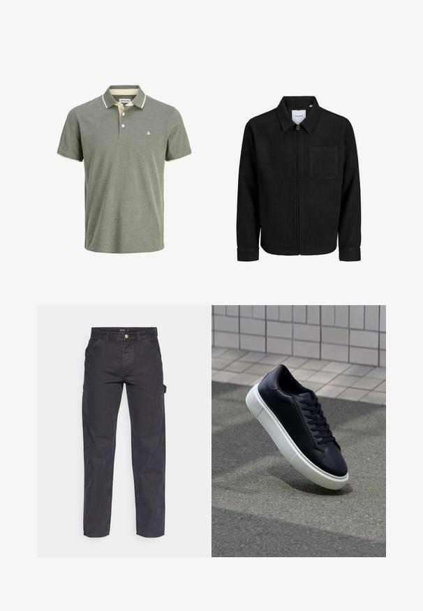 Sort lynlåsjakke med krave og en enkelt brystlomme, vist på hvid baggrund.; Grøn polo skjorte med en struktureret overflade, der har en krave med cremefarvet kant, to knaplukninger og et lille logo på brystet.; Mørkegrå cargo-bukser lavet af slidstærkt stof, med lige ben, fem lommer og en knaplukning i taljen.; Sort lædersneaker med rund tå og hvid gummisål. Har flade snørebånd og minimal syning på overdelen. Tekstureret sål for bedre greb.
