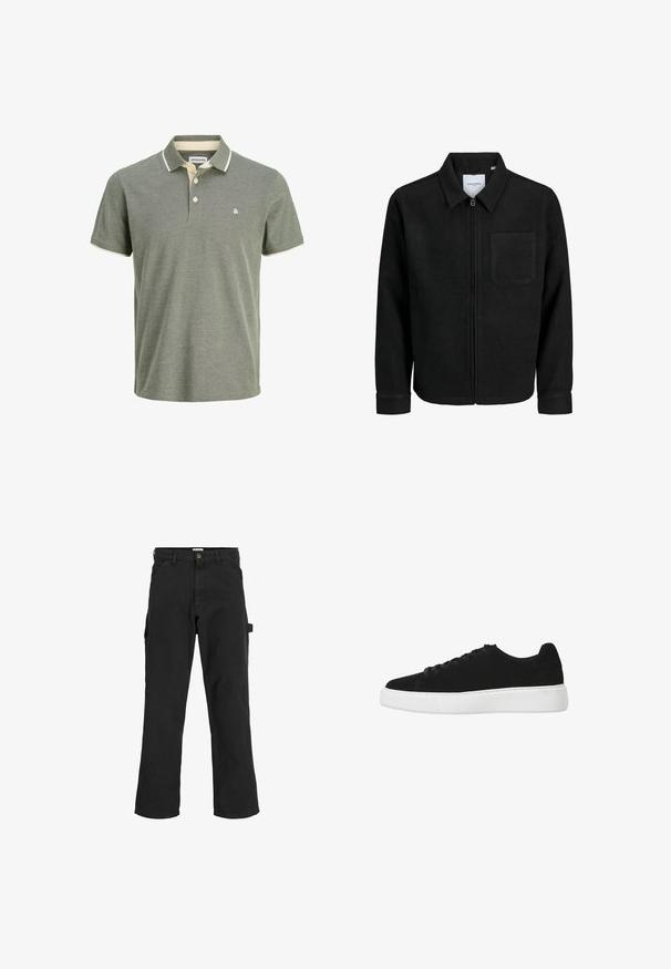 Mustaga lukuga jakker, millel on krae ja üks rinna-tasku, esitatud valgel taustal.; Roheline polo särk, millel on tekstuuriga kangas, kreemja äärisega krae, kahe nupuga klapp ja väike logo rinnal.; Mustad seljandavad püksid puuvilla ja sünteetilise segu kangast. Omavad laiu jalgu, ees kaldus taskuid ning külgtaskut, millel on tarvikute jaoks silmus.; Must musta ketsid ümarate varvastega, lukk ees ja valge kummist taldadega. Lihtne disain minimaalse aktsentiga ja siledat tekstuuri.