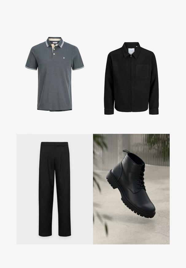 Schwarze Zip-Jacke mit Kragen und einer einzelnen Brusttasche, auf weißem Hintergrund präsentiert.; Herren-Polohemd in Dunkelgrau mit strukturiertem Gewebe. Verfügt über einen cremefarbenen Kragen mit marineblauen Streifen und einer Dreiknopfleiste. Kleines Logo auf der Brust.; Schwarze Hose aus glattem Stoff, mit geradem Bein Design, zwei vorderen Falten und einem Standardbund mit Gürtelschlaufen.; Schwarze Lederstiefeletten mit runder Zehenform, Schnürdesign und robustem Gummisohle. Glatte Textur mit einer Zuglasche an der Rückseite.