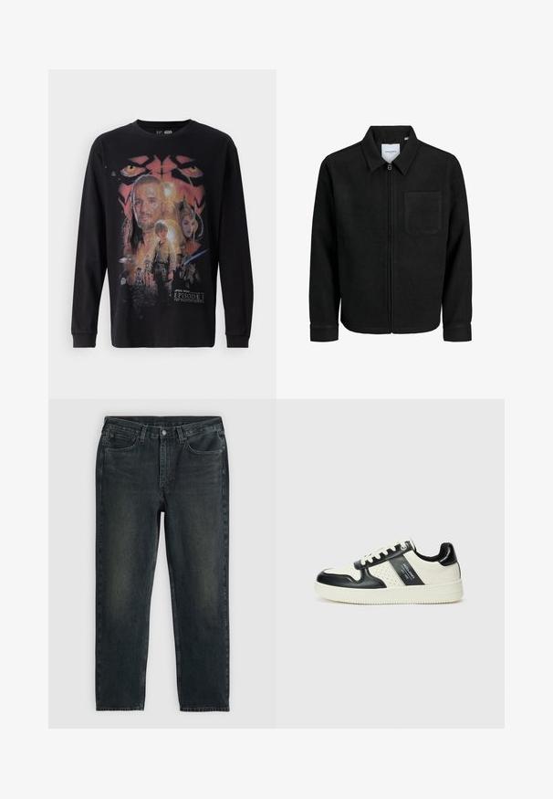 Czarna kurtka z zamkiem na całej długości, z kołnierzem i jedną kieszenią na piersi, umieszczona na białym tle.; Czarny longsleeve z kolorowym nadrukiem z "Gwiezdne Wojny: Część I - Mroczne Widmo", przedstawiającym różne postacie i detale.; Granatowe dżinsy o prostym kroju, wyposażone w pięć kieszeni, z zamek błyskawicznym i kontrastowym przeszyciem. Subtelne wyblaknięcie na materiale.; Skórzane sneakersy w czarno-kremowym schemacie kolorystycznym, z perforowanymi akcentami, wyściełanym kołnierzem i teksturowaną podeszwą.