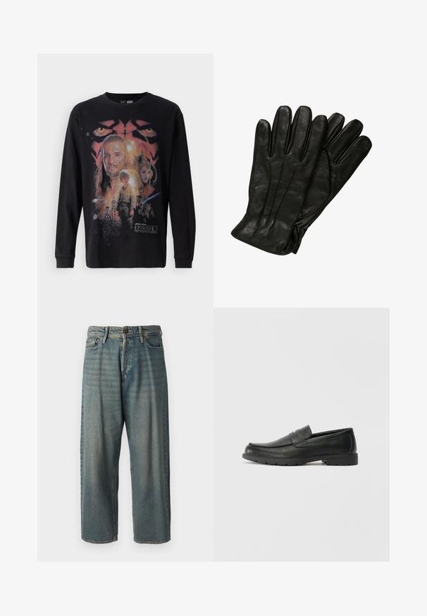 Crna jakna na zip s ovratnikom i jednim džepom na prsima, prikazana na bijeloj pozadini.; Crna majica dugih rukava s raznolikim grafičkim ispisom iz "Star Wars: Episode I - Fantomska prijetnja" s raznim likovima i detaljima.; Svijetloplave traperice s širokim krojem, srednjim pojasom i ravnim nogavicama. Ima pet džepova, petlje za remen i kopčanje na gumb.; Crne kožne mokasine s glatkom površinom, gornji dio u stilu mokasina, ojačani šavovi i gumeni potplat. Klasičan dizajn s niskom petom.; Crne kožne rukavice glatke teksture, s pet prstiju i suptilnim detaljima šivanja. Klasičan dizajn, pogodan za upotrebu u hladnom vremenu.