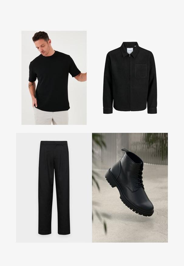 Schwarze Zip-Jacke mit Kragen und einer einzelnen Brusttasche, auf weißem Hintergrund präsentiert.; Schwarzes Kurzarm-T-Shirt aus strukturiertem Stoff mit rundem Ausschnitt, das eine lockere Passform und ein minimalistisches Design aufweist.; Schwarze Hose aus glattem Stoff, mit geradem Bein Design, zwei vorderen Falten und einem Standardbund mit Gürtelschlaufen.; Schwarze Lederstiefeletten mit runder Zehenform, Schnürdesign und robustem Gummisohle. Glatte Textur mit einer Zuglasche an der Rückseite.