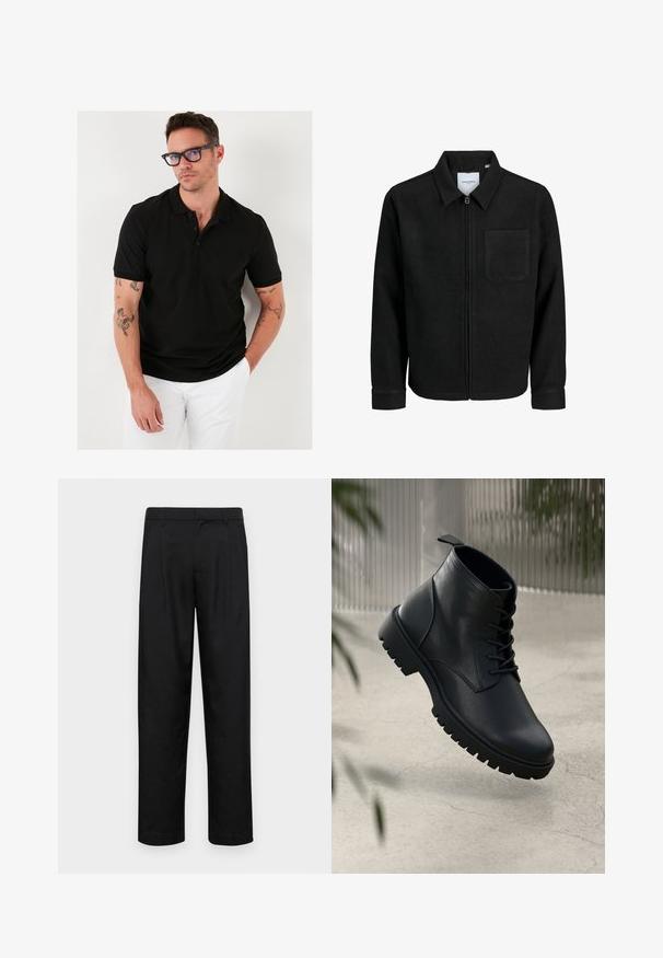 Mustaga lukuga jakker, millel on krae ja üks rinna-tasku, esitatud valgel taustal.; Must must värviline polo särk kolme nupuga, lühikesed varrukad, sujuvast kangast. Õlal on nähtavad tätoveeringud.; Mustad mustadest riietest, millel on sirge jalgade disain, kaks eesmist voltimist ja tavaline vöökoht, millel on vöökohad.; Mustad mustad nahast ankle saapad, ümmarguse nina, nööbidest sulgemise ja robustse kummitald. Sile tekstuur ja tõmbetab tagaküljel.