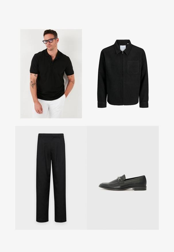 Fekete, zipzáros dzseki gallérral és egyetlen mellzsebbel, fehér háttéren.; Fekete póló, három gombos nyakkal, rövid ujjal, sima anyagból készült. A karon látható tetoválásokkal rendelkezik.; Fekete nadrág sima anyagból, egyenes szárú fazonnal, két elülső redővel és közönséges derékkal, övhurkokkal.; Fekete bőr loaferek sima felülettel, varrott mintával és díszítő fém lánccal a cipő elején. Lapos sarok.