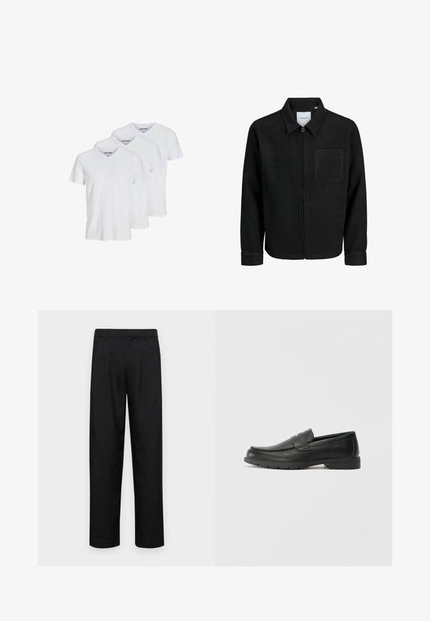 Black zip-up jacket with collar and single chest pocket, displayed on white background.; Three white short-sleeve V-neck t-shirts made of cotton, featuring a simple design with contrasting neckline and subtle brand logo on the inside.; Black trousers made of smooth fabric, featuring a straight-leg design, two front pleats, and standard waistband with belt loops.; Black leather loafers with a smooth finish, moccasin-style upper, stitched detailing, and a rubber sole. Classic design with a low heel.