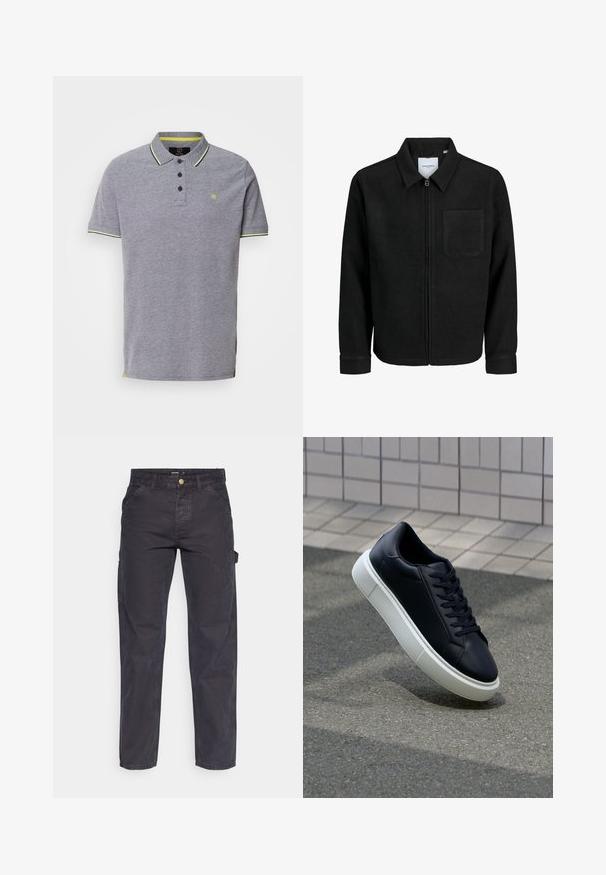 Giacca nera con zip, colletto e una tasca sul petto, mostrata su sfondo bianco.; Maglietta polo grigia in tessuto testurizzato, con colletto a tre bottoni e dettagli gialli a contrasto sul colletto e sull'orlo laterale.; Pantaloni cargo grigio scuro realizzati in tessuto resistente, con un taglio dritto, cinque tasche e chiusura a bottoni in vita.; Sneaker in pelle nera con punta arrotondata e suola in gomma bianca. Presenta lacci piatti e cuciture minime sulla parte superiore. Suola testurizzata per una migliore aderenza.