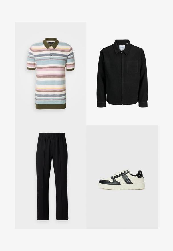 Musta vetoketjullinen takki, jossa on kaulus ja yksi rintatasku, esitelty valkoista taustaa vasten.; Scotch & Soda STRUCTURE - Pikeepaita - multi-coloured; Mustat, joustavat vyötäröhousut suoralla lahkeella, joissa on sileä pinta ilman näkyviä kuvioita tai metalliosia.; Nahkakengät musta-kerma värimaailmassa, joissa on rei'itetyt yksityiskohdat, pehmustettu nilkkaosa ja teksturoitu pohja.