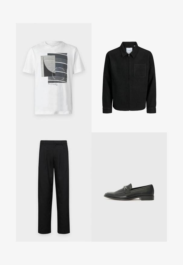 Juodas džemperis su užtrauktuku, apykakle ir vienu krūtiniu kišenėje, pristatytas baltame fone.; Balta medvilninė marškinėlių su geometriniu grafiniu dizainu tamsiai pilkais ir juodais tonais, turintys linijų ir tekstūrų elementų, o apačioje – prekės ženklo logotipas.; Juodi kelnių modeliai, pagaminti iš lygios medžiagos, turi tiesią kojas, du priekiniai klostės ir standartinę juosmenį su diržo kilpomis.; Juodos odinės loafer tipo bateliai su lygiu paviršiumi, turintys siuvinėtą dizainą ir dekoratyvų metalo grandinėlės akcentą ant batų viršaus. Plokščias kulnas.