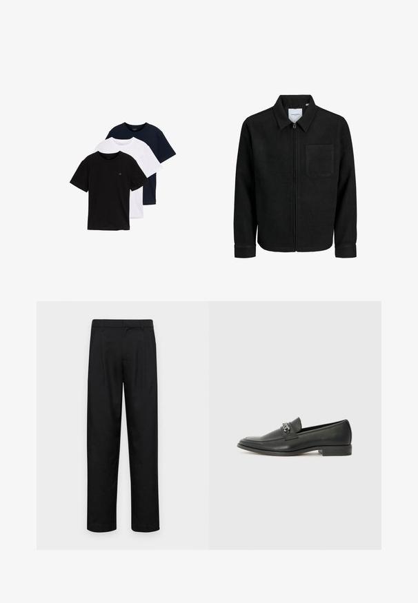 Črna jakna z zadrgo in ovratnikom ter enim žepom na prsih, prikazana na beli podlagi.; Komplet treh majic s kratkimi rokavi v črni, beli in temno modri barvi. Narejene iz bombaža, z okroglo ovratnikom in majhnim logotipom na prsih.; Črne hlače iz gladkega materiala, s krojem ravne noge, dvema sprednjima pregiboma in standardnim pasom z zankami za pas.; Črni usnjeni loafer z gladko površino, ki ima šivano zasnovo in dekorativni kovinski verižni naglas preko vampirja. Ravno peto.