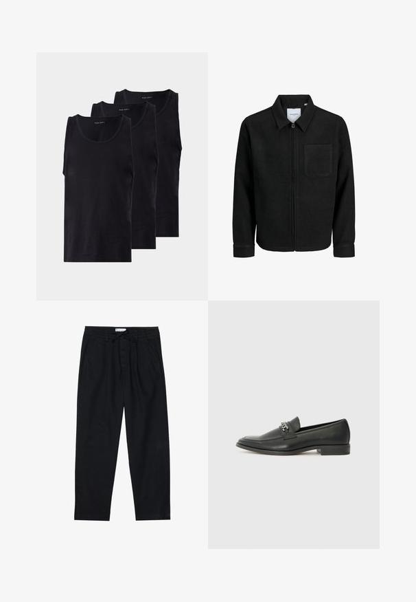 Sort lynlåsjakke med krave og en enkelt brystlomme, vist på hvid baggrund.; Sorte bomuld tanktoppe i en pakke med tre, med rund halsudskæring og ærmeløs design, glat tekstur og en klassisk pasform.; Pier One Chino - black; Sorte læder loafers med en glat finish, der har et syet design og et dekorativt metal kædeaccent hen over vamps. Flad hæl.