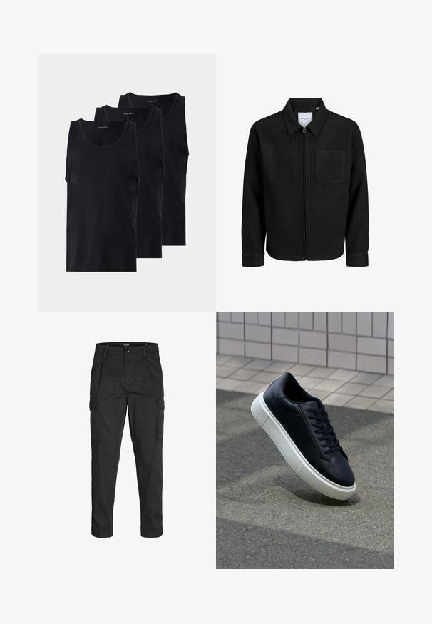 Juodas džemperis su užtrauktuku, apykakle ir vienu krūtiniu kišenėje, pristatytas baltame fone.; Juodos medvilninės be rankovių marškinėliai trijose pakuotėse, su apvaliu iškirpimu ir klasikine forme. Glotni tekstūra.; Juodi krovinių tipo džinsai, pagaminti iš tvirto audinio, su keliais kišeniais, mygtuko uždarymu ir siauru, prigludusiu dizainu su siaurėjančiomis kojomis.; Juodas odinis sportbačius su apvaliu pirštu ir baltu gumuotu padu. Turi plokščias raišteles ir minimalų siuvimą viršuje. Padangos tekstūra užtikrina sukibimą.