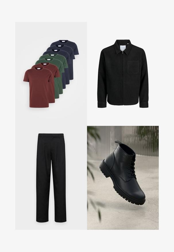 Svart zip-jacka med krage och en enda bröstficka, visad på vit bakgrund.; Set med fem t-shirtar med rund hals i burgundy, grön och marinblå, tillverkade av mjuk bomullstyg med korta ärmar och avslappnad passform.; Svarta byxor i slät väv, med rak ben-design, två framfickor och standardmidja med bälteshällor.; Svarta läderankelboots med rund tå, snörningsdesign och robust gummisula. Slät yta med dragflik bak.