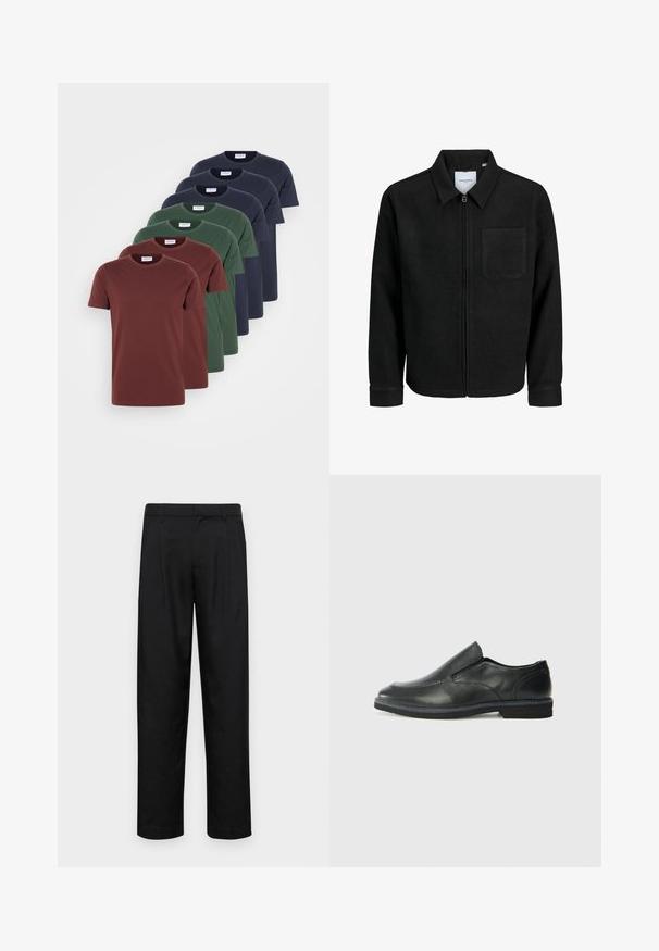 Mustaga lukuga jakker, millel on krae ja üks rinna-tasku, esitatud valgel taustal.; Kokku viie ringkaelusega T-särgi komplekt, mis on burgundi, rohelise ja tumesinise värviga, valmistatud siledast puuvillasegust, lühikeste varrukatega ja mugava lõikega.; Mustad mustadest riietest, millel on sirge jalgade disain, kaks eesmist voltimist ja tavaline vöökoht, millel on vöökohad.; Must musta laia suuga king, millel on sile ülemine osa, õmmeldud detailid, ümmargune nina ja madal kummist konts. Tallal on minimaalne mustr.