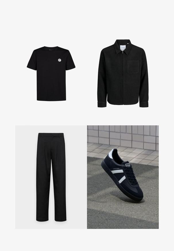 Juodas džemperis su užtrauktuku, apykakle ir vienu krūtiniu kišenėje, pristatytas baltame fone.; Juodas medvilnės marškinėliai trumpomis rankovėmis ir apvaliu iškirpimu. Kairėje krūtinės pusėje yra mažas apvalus logotipas. Paprastas dizainas.; Juodi kelnių modeliai, pagaminti iš lygios medžiagos, turi tiesią kojas, du priekiniai klostės ir standartinę juosmenį su diržo kilpomis.; Juodas odinis sportinis batelis su baltais dryžiais, tekstūruota gumine padais ir raišteliais priekyje. Yra prekės ženklą žymintis etiketė ant liežuvio.