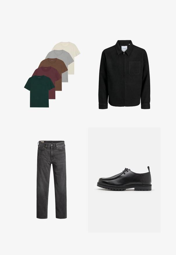 Czarna kurtka z zamkiem na całej długości, z kołnierzem i jedną kieszenią na piersi, umieszczona na białym tle.; Pięć t-shirtów z okrągłym dekoltem w różnych kolorach: ciemna zieleń, burgund, brązowy, jasnoszary i kremowy; wszystkie mają krótkie rękawy i gładką fakturę.; Ciemnoszare dżinsy o prostym kroju, pięć kieszeni i miedziane nity. Klasyczny design z lekko wyblakłą teksturą.; Czarne skórzane buty zapinane na sznurowadła z wytrzymałą podeszwą i uchwytem na pięcie, pokazane z boku na białym tle.