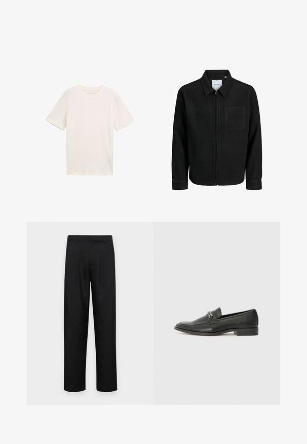 Čierna zipsová bunda s golierom a jednou náprsníkou, vystavená na bielom pozadí.; Krátky rukáv, tričko s okrúhlym výstrihom v off-white bavlne. Má uvoľnený strih s hladkou textúrou a žiadne výrazné vzory ani akcenty.; Čierne nohavice vyrobené z hladkej tkaniny, s rovnými nohavicami, dvoma prednými skladmi a štandardným pásom s pútkami na opasok.; Čierne kožené loafers s hladkým povrchom, s prešitým dizajnom a dekoratívnym kovovým reťazovým akcentom cez priehlavok. Plochý podpätok.