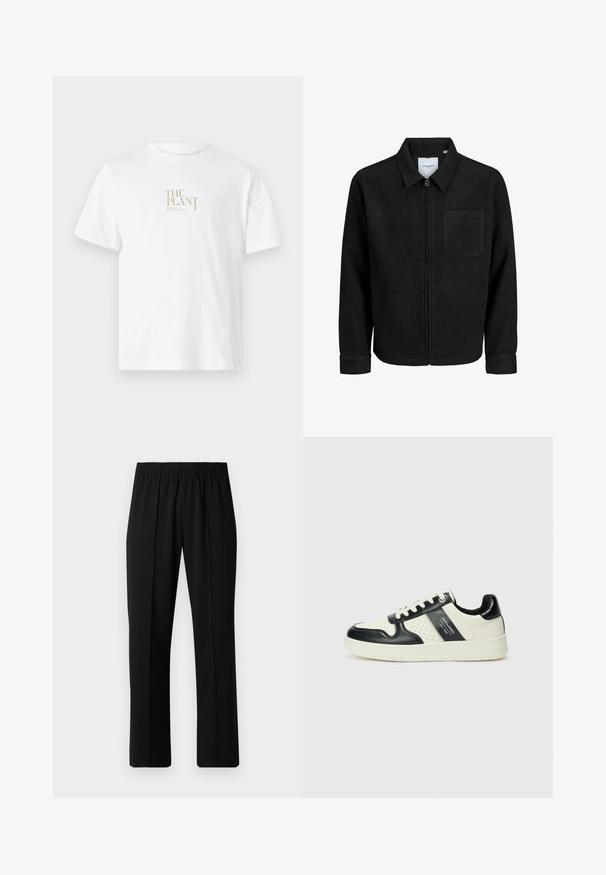 Mustaga lukuga jakker, millel on krae ja üks rinna-tasku, esitatud valgel taustal.; Valge puuvillane T-särk, millel on ees kuldne "THE PLANT" logo. Lühikesed varrukad ja klassikaline ümar kaelus.; Mustad, elastse puusärgid sirge säärega, mis on sileda tekstuuriga ja ilma nähtavate mustrite või riistadega.; Nahatud nahkkingad musta ja kreemi värviskeemiga, millel on perforeeritud aktsendid, pehme krae ja tekstureeritud tallad.
