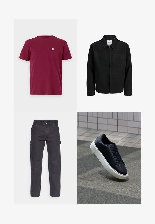 Mustaga lukuga jakker, millel on krae ja üks rinna-tasku, esitatud valgel taustal.; Burgundia puuvillane t-särk, millel on ümar kaelus, lühikesed varrukad ja vasakpoolne rinna tasku. Taskul on väike brändisilt.; Tumehallid cargo-püksid, mis on valmistatud vastupidavast kangast, sirge lõikega, viie tasku ja nupuga kinnitusega vööl.; Mustast nahast tennisetoss, millel on ümar nina ja valge kummist tall. Omab siredaid paelu ja minimaalset õmblemist ülemises osas. Tekstuuriga tald, mis tagab haakuvuse.