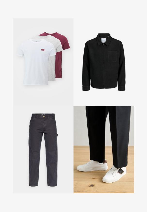 Melna jaka ar rāvējslēdzēju un apkakli, vienu krūšu kabatu, parādīta uz baltas fona.; Levi's® GRAPHIC TEES 3 PACK - Pamata T-krekls - white/burgundy/grey; Tumši pelēki kravas bikses, kas izgatavotas no izturīga auduma, ar taisnu piegriezumu, piecām kabatām un pogu aizdari viduklī.; Baltā pārsoļa apavi ar gludu tekstūru, papildināti ar brūniem ādas akcentiem un melniem elementiem, savienoti ar melnām pielāgotām biksēm. Koka grīdas fons.