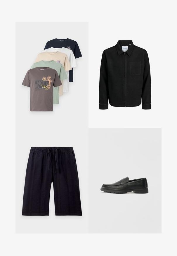 Schwarze Zip-Jacke mit Kragen und einer einzelnen Brusttasche, auf weißem Hintergrund präsentiert.; Fünf kurzärmlige T-Shirts in Braun, Grün, Beige, Weiß und Marineblau, mit einem Logo und Grafikdesign auf der Vorderseite. Aus weicher Baumwollqualität.; Schwarze, knielange Shorts aus leichtem Stoff. Mit einem elastischen Bund und Kordelzug sowie einer glatten Oberfläche. Einfaches Design.; Schwarze Lederloafers mit glatter Oberfläche, Mokassin-oberteil, genähten Details und Gummisohle. Klassisches Design mit niedrigem Absatz.