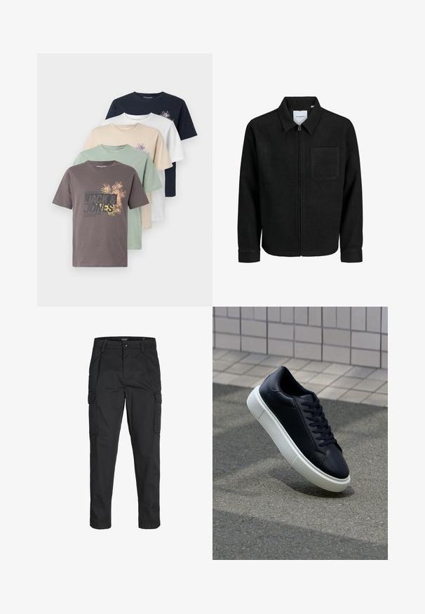 Schwarze Zip-Jacke mit Kragen und einer einzelnen Brusttasche, auf weißem Hintergrund präsentiert.; Fünf kurzärmlige T-Shirts in Braun, Grün, Beige, Weiß und Marineblau, mit einem Logo und Grafikdesign auf der Vorderseite. Aus weicher Baumwollqualität.; Schwarze Cargo-Hose aus robustem Material, mit mehreren Taschen, einem Knopfverschluss und einem Slim-Fit-Design mit schmal zulaufenden Beinen.; Schwarze Leder-Sneaker mit runder Zehenpartie und weißer Gummisohle. Verfügt über flache Schnürsenkel und minimale Nähte im Obermaterial. Strukturiertes Sohlenprofil für besseren Halt.