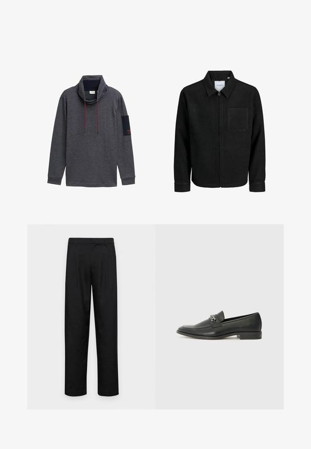 Melna jaka ar rāvējslēdzēju un apkakli, vienu krūšu kabatu, parādīta uz baltas fona.; Pelēks garām piedurknēm pults ar augstu apkakli, auklām un tumši zilu plāksteri kreisajā piedurknē, uz kura ir sarkans teksts. Izgatavots no mīksta, teksturēta auduma.; Melnas bikses, izgatavotas no gludas auduma, ar taisnu kāju dizainu, divām priekšējām krokām un standarta jostu, kurai ir āķi.; Melna ādas loafer izmēra apavi ar gludu virsmu, piedāvā ar šūtu dizainu un dekoratīvu metāla ķēdes akcentu pār vampu. Plakana papēža daļa.