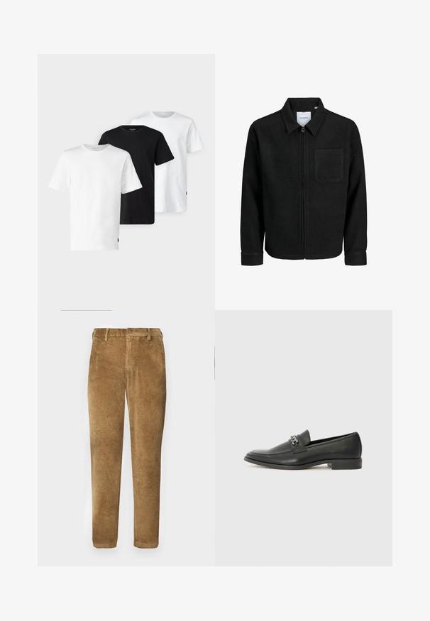 Black zip-up jacket with collar and single chest pocket, displayed on white background.; Three T-shirts in white, black, and white, featuring short sleeves, a crew neck design, and made from soft, breathable cotton fabric.; Brown corduroy pants with vertical ribbed texture, straight cut, button closure, and belt loops. Smooth fabric with a soft finish.; Black leather loafer with a smooth finish, featuring a stitched design and a decorative metal chain accent across the vamp. Flat heel.