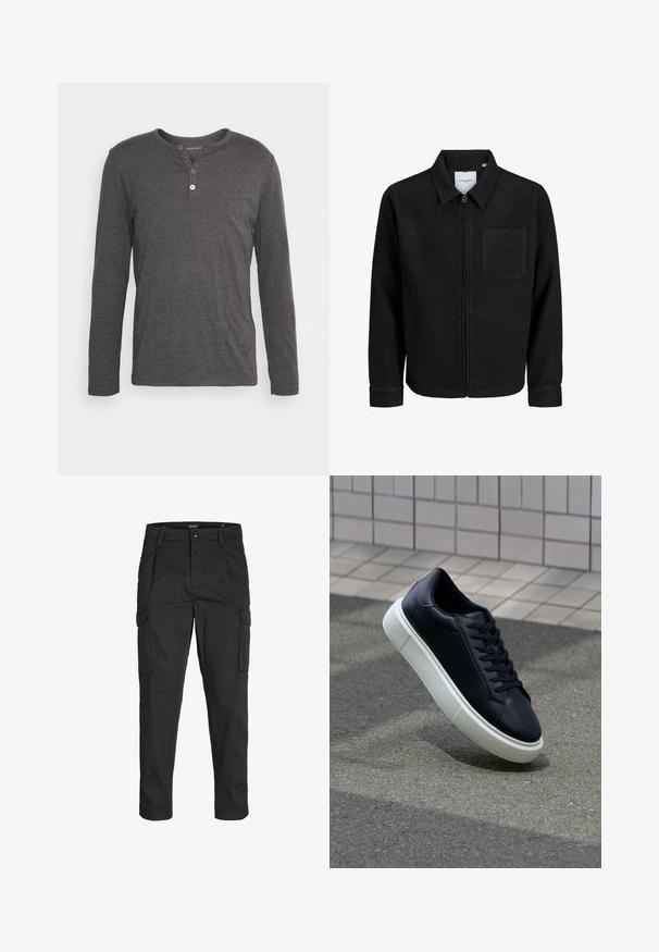 Giacca nera con zip, colletto e una tasca sul petto, mostrata su sfondo bianco.; Maglietta henley a maniche lunghe, grigio scuro, realizzata in tessuto morbido, con scollatura rotonda, chiusura a tre bottoni e vestibilità regolare.; Pantaloni cargo neri realizzati in un tessuto resistente, dotati di molteplici tasche, chiusura con bottone e un design aderente con gambe affusolate.; Sneaker in pelle nera con punta arrotondata e suola in gomma bianca. Presenta lacci piatti e cuciture minime sulla parte superiore. Suola testurizzata per una migliore aderenza.