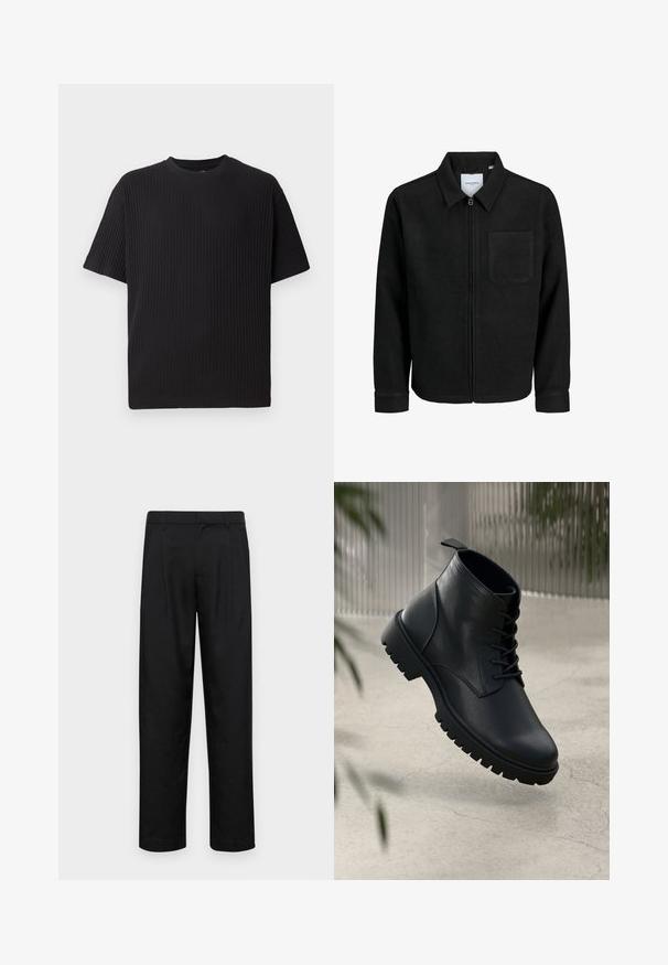 Zwarte zip-up jas met kraag en enkele borstzak, weergegeven op een witte achtergrond.; Zwarte ribgebreid t-shirt met korte mouwen en een ronde hals, met een gestructureerd oppervlak en een ontspannen pasvorm.; Zwarte broeken van gladde stof, met een recht model, twee voorknikken en een standaard tailleband met riemlussen.; Zwarte leren enkelboots met een ronde neus, vetersluiting en robuuste rubberen zool. Gladde textuur met een bevestigingslus aan de achterkant.