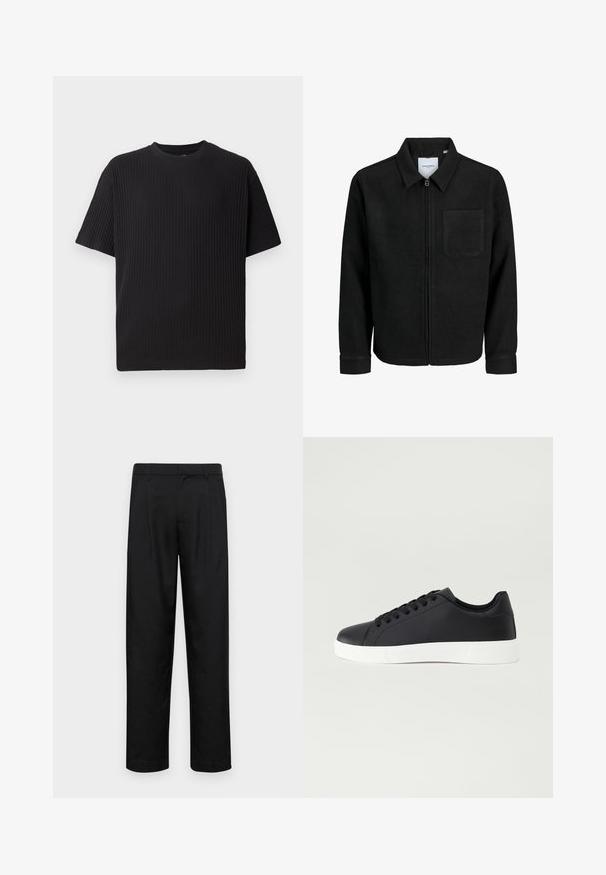 Schwarze Zip-Jacke mit Kragen und einer einzelnen Brusttasche, auf weißem Hintergrund präsentiert.; Schwarzes, geripptes Kurzarm-T-Shirt mit Rundhalsausschnitt, das eine strukturierte Oberfläche und eine lockere Passform bietet.; Schwarze Hose aus glattem Stoff, mit geradem Bein Design, zwei vorderen Falten und einem Standardbund mit Gürtelschlaufen.; Pier One Sneaker low - black